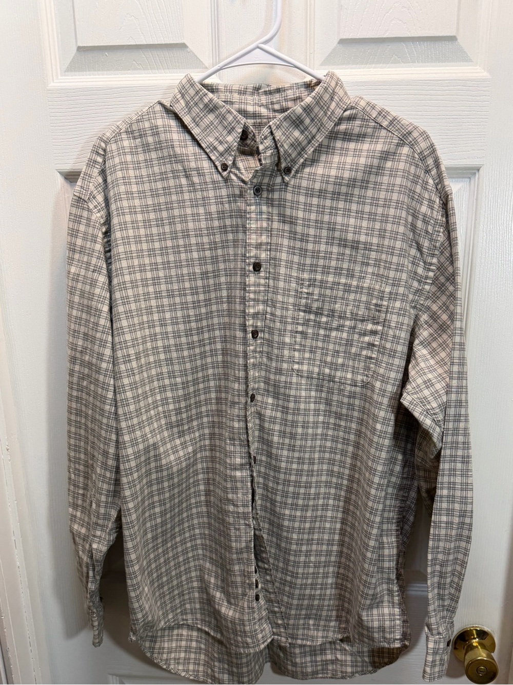 Eddie Bauer Men's Button-Down Plaid Shirt in Beige and Gray Tones